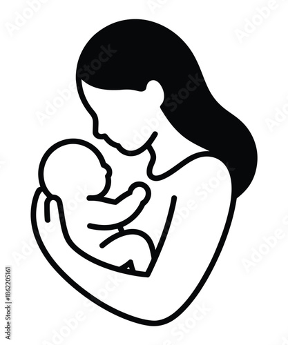 Mother embraces her newborn baby in a tender, minimalist artistic.