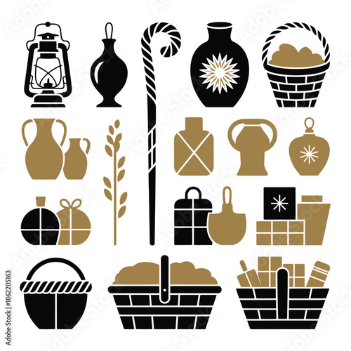 Assortment of rustic household items including baskets, lamps, and vases.