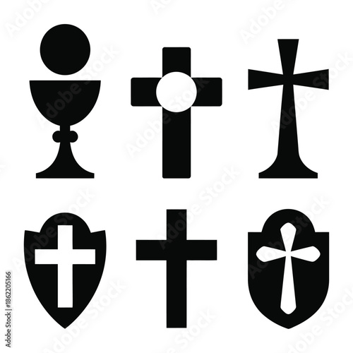 Collection of various Christian cross symbols and a holy chalice icon.