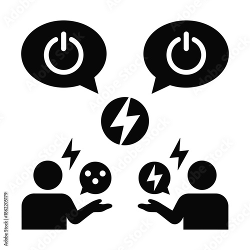 Two figures communicate conflict with power symbols above their heads in.