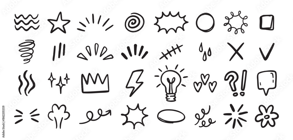 Obraz premium Expression sign hand drawn doodle set for concept design. Expression elements isolated on white background.