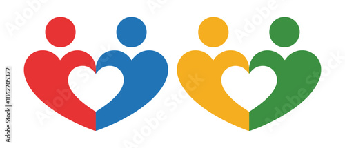 Teamwork concept showing pairs of stylized people forming heart shapes.