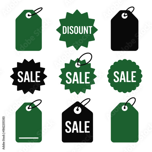 Assortment of green and black starburst sale tags and price labels for.