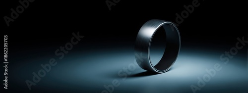 Single minimalist smart ring with polished metal finish, soft studio lighting, dark to light gradient background, wearable technology luxury concept