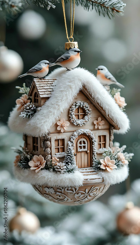 Cozy wooden birdhouse Christmas ornament covered in snow with tiny birds perched on the roof, macro photography.