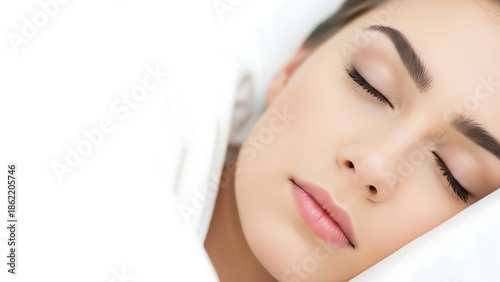 Close up portrait of a young beautiful woman sleeping peacefully on white bedding with a serene facial expression, high key photography.