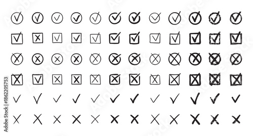 Check marks hand drawn doodle set. tick, cross signs for checkbox, checklist, v and x in sketch set.