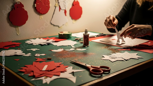 Close up of female hands carefully cutting out red paper shapes at a creative desk covered in glitter and craft tools, lifestyle photography.