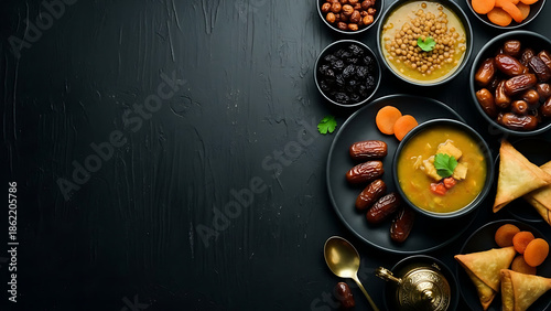 Traditional Ramadan Iftar dinner spread featuring dates, lentil soup, samosas and dried apricots on a dark stone background, top view photography.