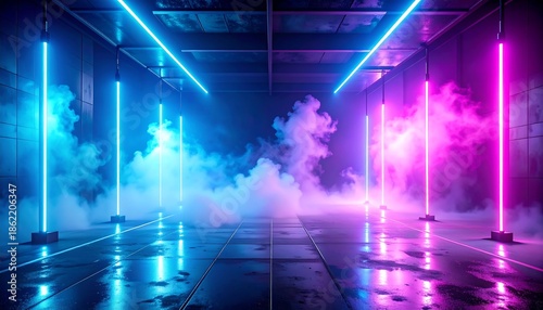 Futuristic podium in an empty hall with blue and pink neon light tubes and atmospheric smoke