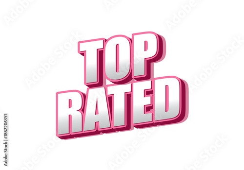 3D text design featuring the words Top Rated in bold, pink and silver colors, suitable for promotional materials or advertisements.