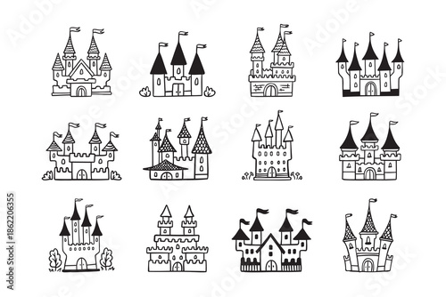 Hand drawn cartoon castle icons set. Doodle outline fairytale castle for princess, magic kingdom.