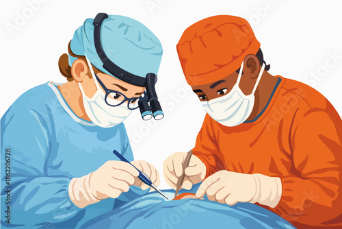 Team of surgeons meticulously performing surgery in the operating room.