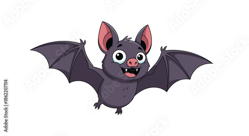 Cute purple bat cartoon character flying with open wings and a friendly smile, ideal for halloween decorations and spooky themed kids illustrations.