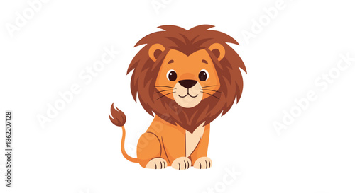 Little lion cub cartoon character sitting down with a friendly smile, featuring a thick brown mane and orange fur on a clean white background.
