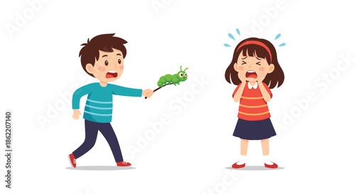 Naughty boy scaring a crying girl by holding a green caterpillar on a stick, depicting a common childhood prank and fear of insects for kids.