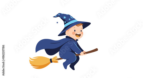 Cute baby boy dressed as a wizard flying on a magical broomstick, wearing a blue hat and cape decorated with stars on a white background.