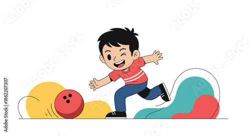 Happy young boy celebrates after throwing a red bowling ball down the lane in this fun cartoon sport illustration.