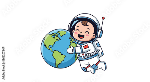 Adorable baby astronaut wearing a white space suit hugs the planet earth with a joyful smile in outer space.