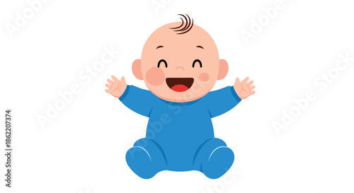 Joyful baby boy in a bright blue onesie sits on the floor with arms open wide and a big happy smile on his face.