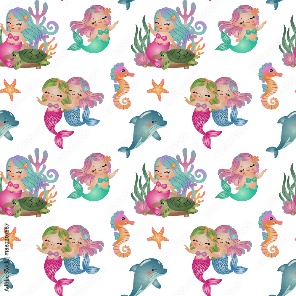 Fototapeta premium Seamless Patterns Cute Mermaid with Sea Life. Watercolor Hand Drawn Illustration Style. 