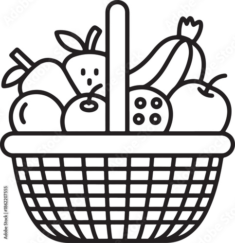 Fruit Basket Line Art Vector Illustration for Coloring Book Page