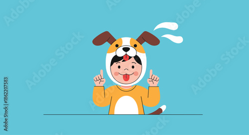 Person wearing a cute dog mascot costume points their fingers upward while showing a playful tongue out pose.