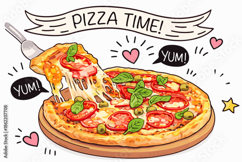 Visual presentation of a freshly baked pizza with plenty of ingredients and appetizing.