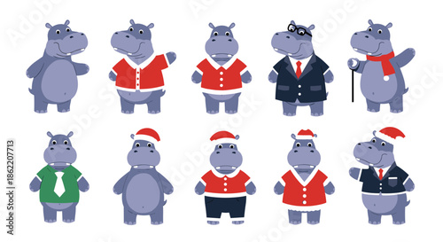 Collection of cute hippopotamus characters dressed in various outfits including a business suit and santa claus.