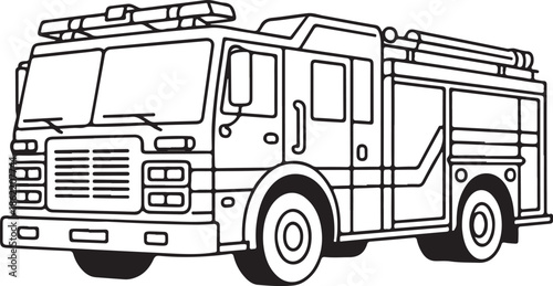 Fire Truck Line Art Vector Illustration for Coloring Book Page