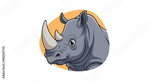 Close up portrait of a powerful rhinoceros with large horns shown against a simple orange circle background.