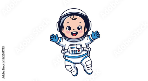 Adorable baby astronaut in a white space suit floats with arms wide open and a big happy smile on its face.
