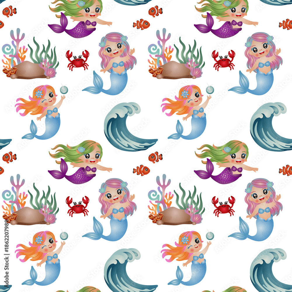 Fototapeta premium Seamless Patterns Cute Mermaid with Sea Life. Watercolor Hand Drawn Illustration Style. 
