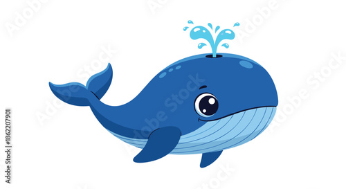 Happy blue whale character smiling and blowing water from its blowhole while swimming in an ocean environment on white.