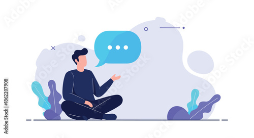 Modern illustration of a man sitting cross-legged and talking with a blue speech bubble for communication or feedback.