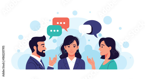 Group of diverse business people having a positive discussion and sharing ideas with colorful speech bubbles for teamwork.