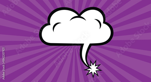 Classic comic thought bubble for a brilliant idea with a starburst tail on a vibrant purple retro sunburst background.