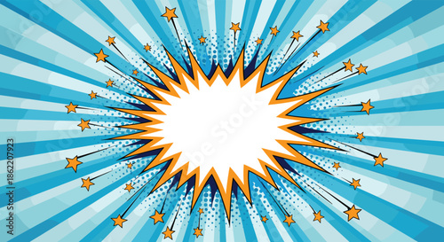 Bright comic book explosion with a blank center for text and stars on a dynamic blue pop art sunburst background design.