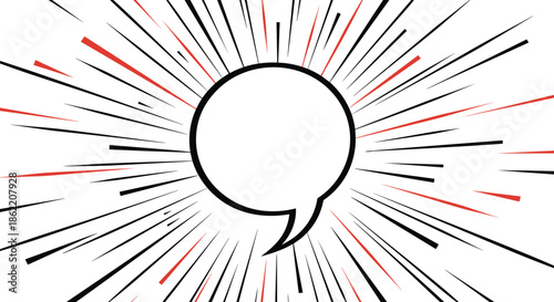 Simple round speech bubble for an urgent message at the center of black and red radial speed lines for a dramatic effect.