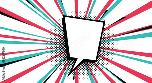 Modern angular pop art speech bubble with halftone details on a background of radiating pink and teal comic speed lines.