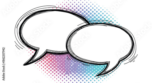 Two overlapping hand-drawn speech bubbles for a conversation or dialogue on a modern pink and blue halftone background.