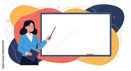 Female teacher or business woman pointing to a blank whiteboard for a presentation lesson or corporate training session.