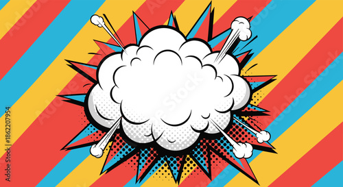 Energetic pop art explosion cloud with smoke on a colorful background of red yellow and blue diagonal comic book stripes.