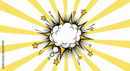 Bright pop art comic explosion cloud with stars for text on a dynamic yellow and white retro sunburst background design.