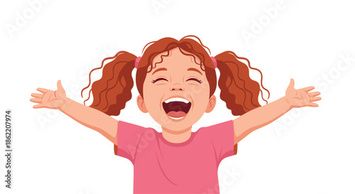 Portrait of a joyful little girl with red curly hair in pigtails laughing heartily with her arms wide open in excitement.
