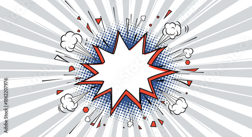 Patriotic red white and blue comic book explosion with smoke on a gray pop art sunburst background for a big announcement.