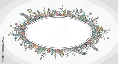 Hand-drawn bohemian style oval frame with a delicate arrangement of pastel flowers leaves and feathers for an invitation.