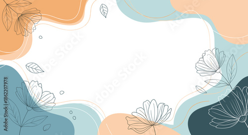 Modern abstract background with organic shapes and minimalist floral line art creating a stylish frame for presentation.