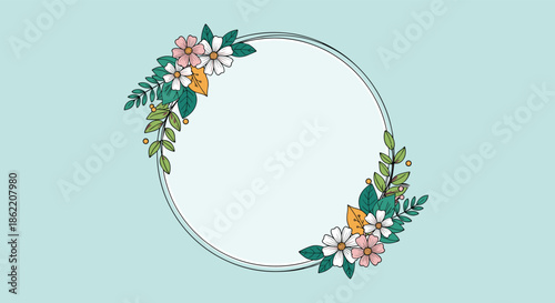 Simple and elegant circular floral frame with hand-drawn flowers for an invitation or quote on a solid teal background.