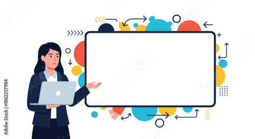 Businesswoman with a laptop giving a presentation and pointing to a blank screen for data on a colorful abstract background.